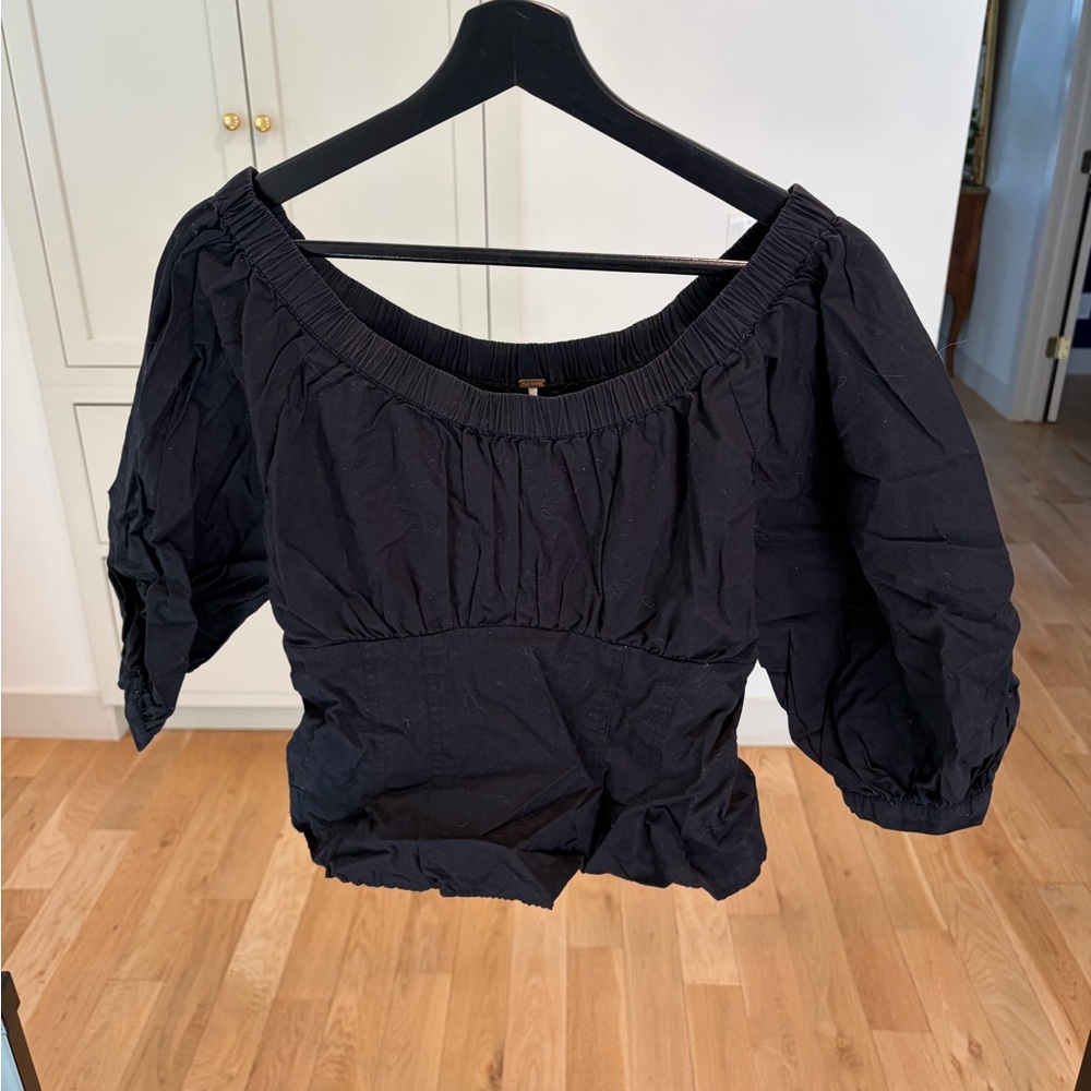 100% Cotton Free People Black Off-Shoulder Puff Sleeve Top